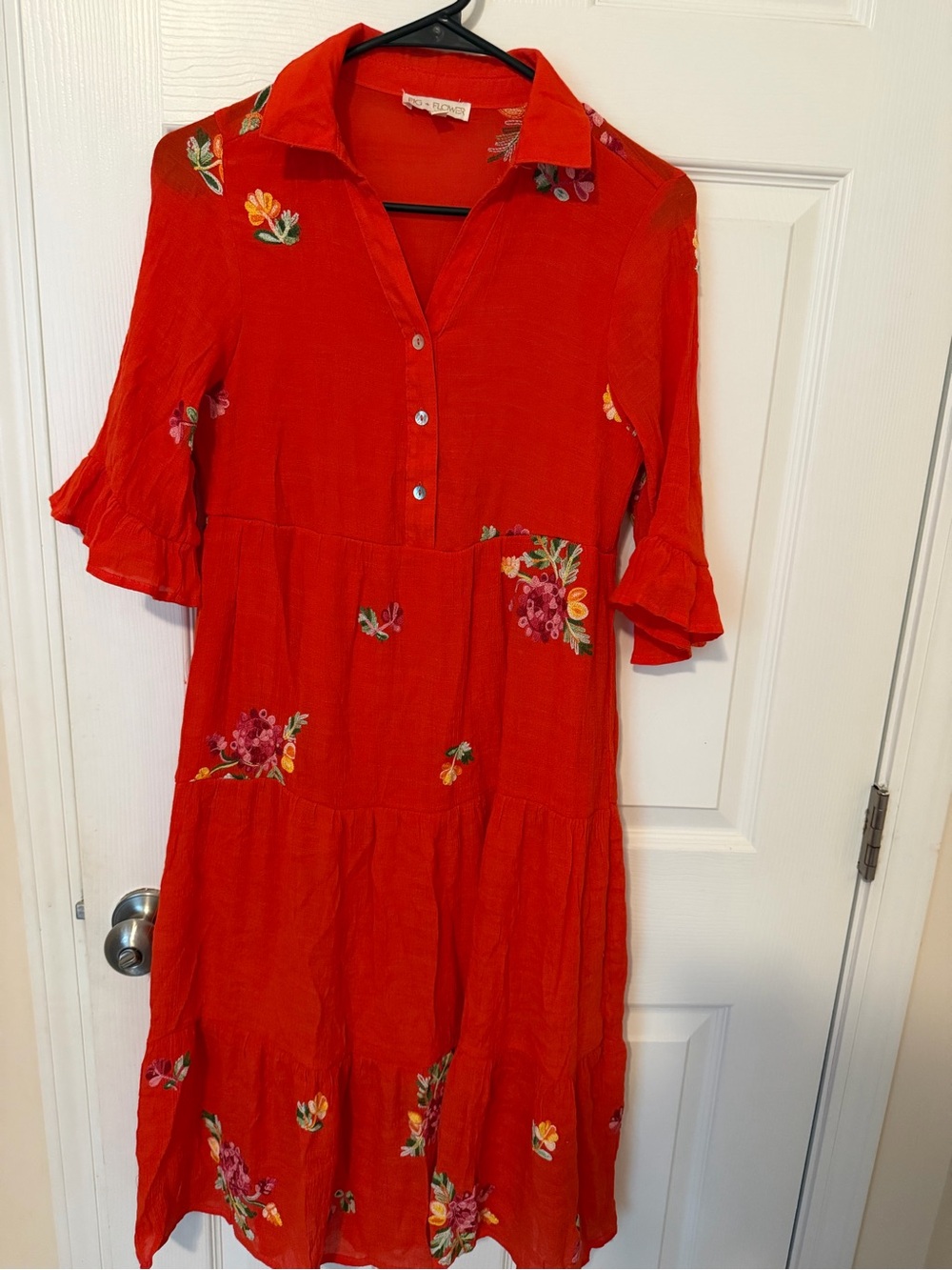 fig and flower Red Floral Tiered Button-Front Dress